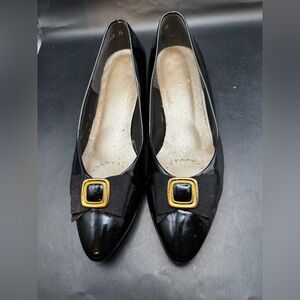 Selby BLACK LEATHER BOW Heel Gold Square Shape Ribbon Retro Pump Women 11AA
